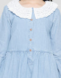 Nevada Long Sleeve Denim Midi Dress With Lace Big Collar