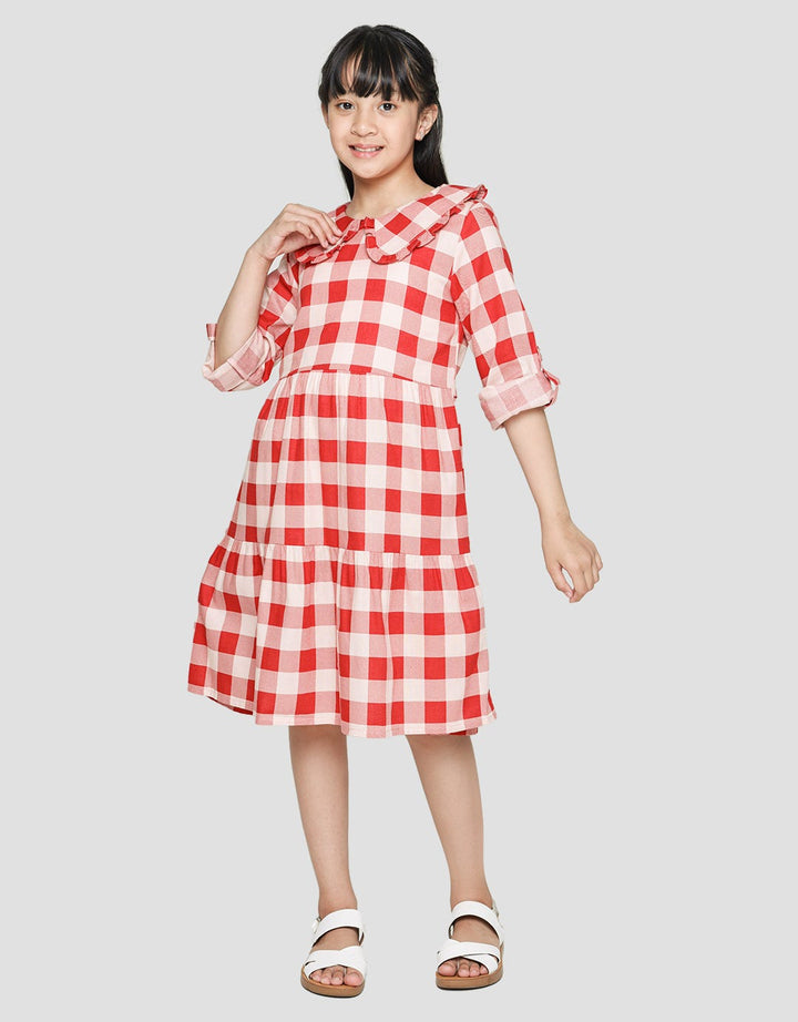 Sweet Miss Long Sleeve Midi Dress Full Print Checks With Ruffles