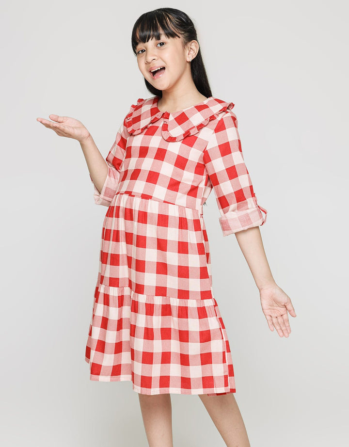 Sweet Miss Long Sleeve Midi Dress Full Print Checks With Ruffles