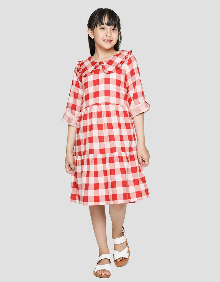 Sweet Miss Long Sleeve Midi Dress Full Print Checks With Ruffles