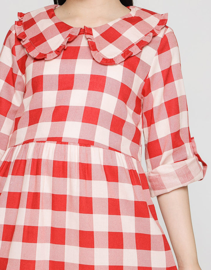 Sweet Miss Long Sleeve Midi Dress Full Print Checks With Ruffles