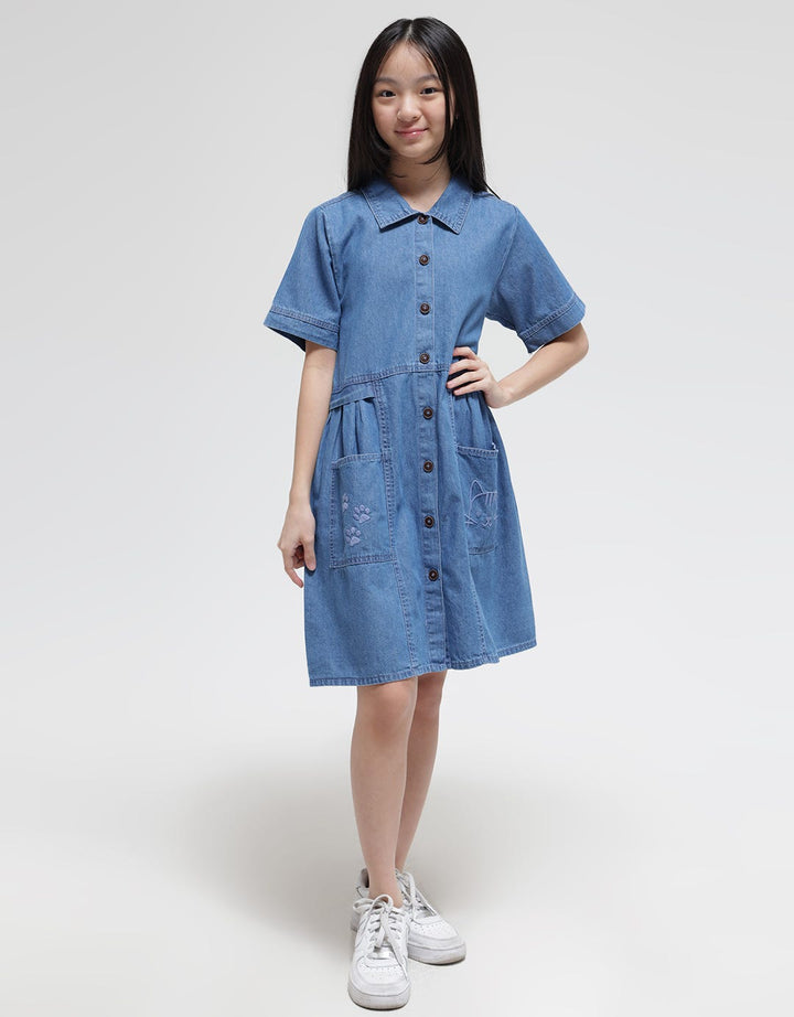 Nevada Denim Collared Midi Dress Anak Perempuan