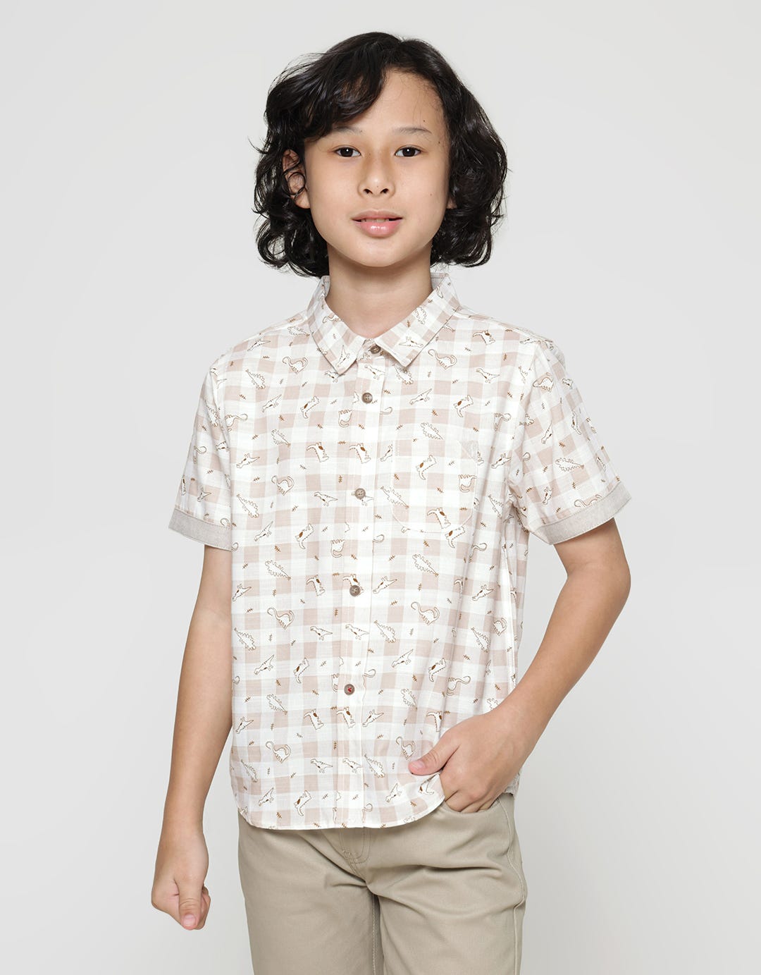 Little M Short Sleeve Shirt Fullprint Dino Check