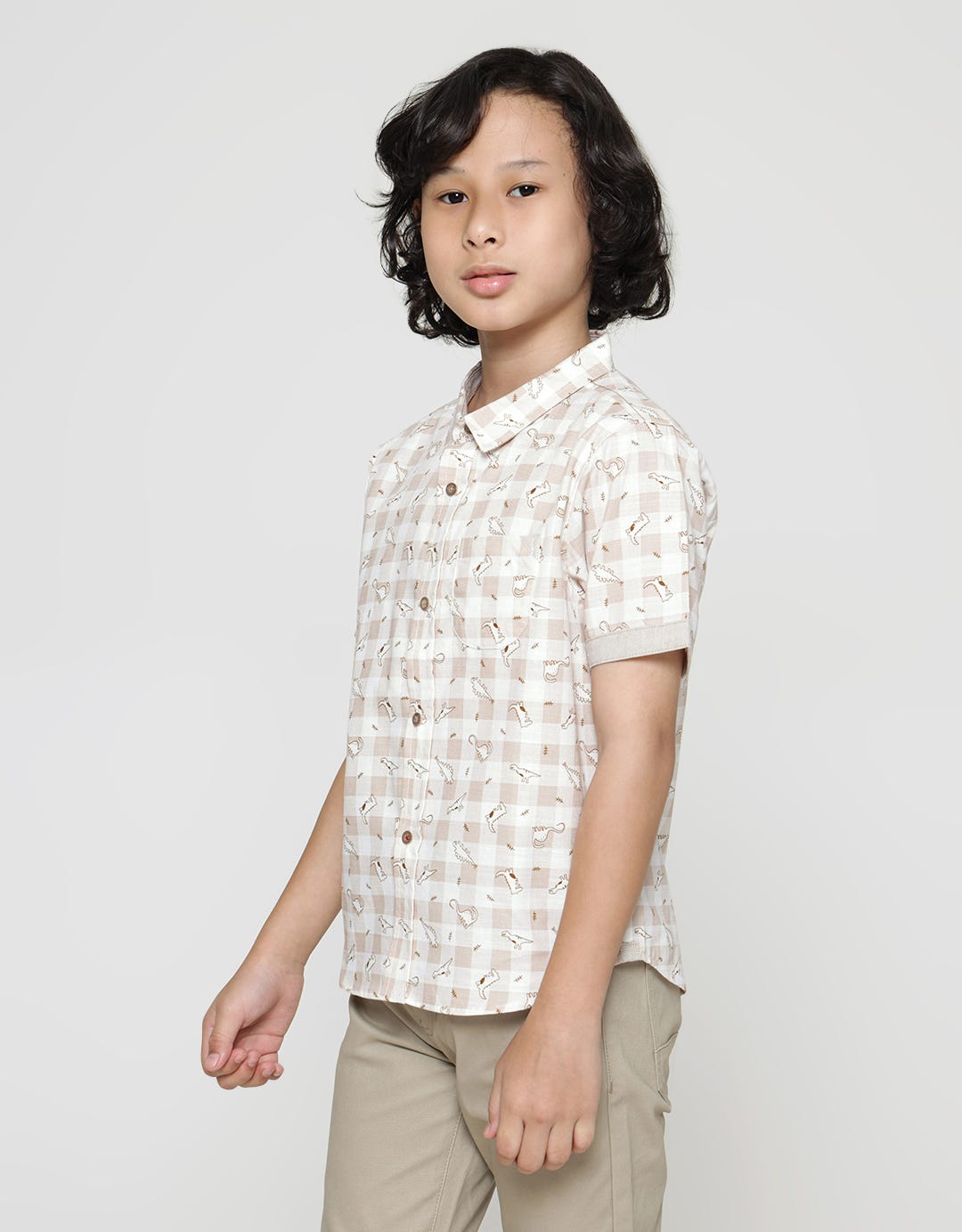 Little M Short Sleeve Shirt Fullprint Dino Check