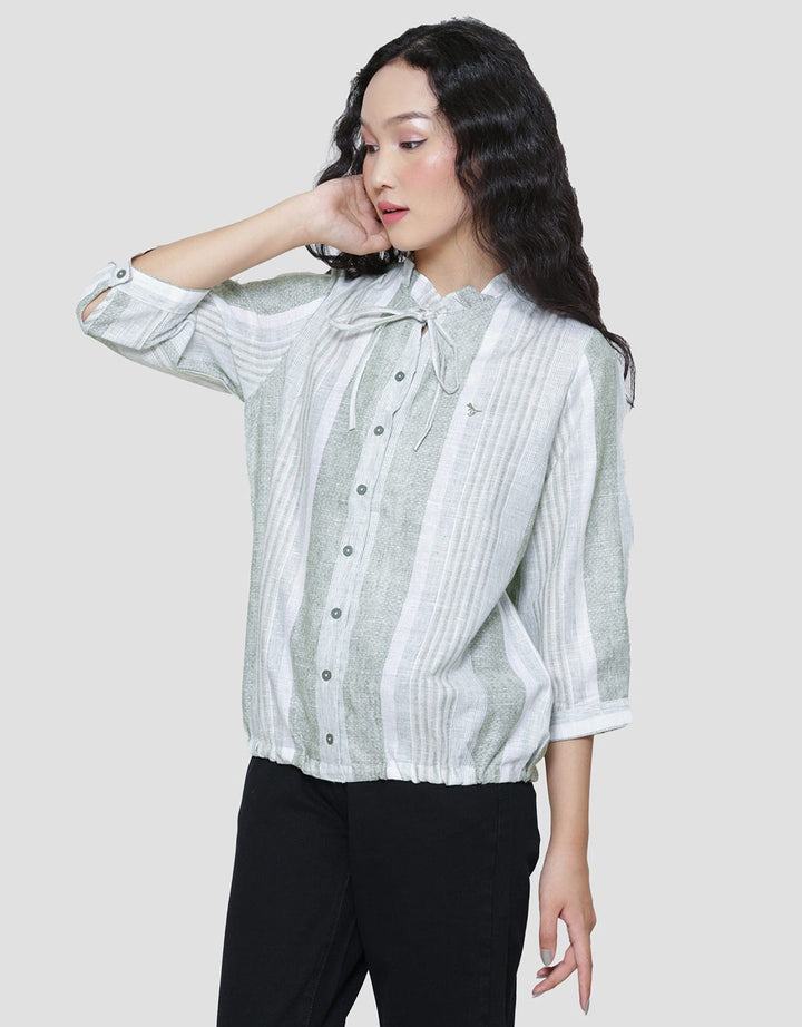 Triset Ladies Up Collar Stripe Blouse Wanita