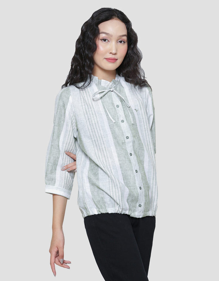 Triset Ladies Up Collar Stripe Blouse Wanita