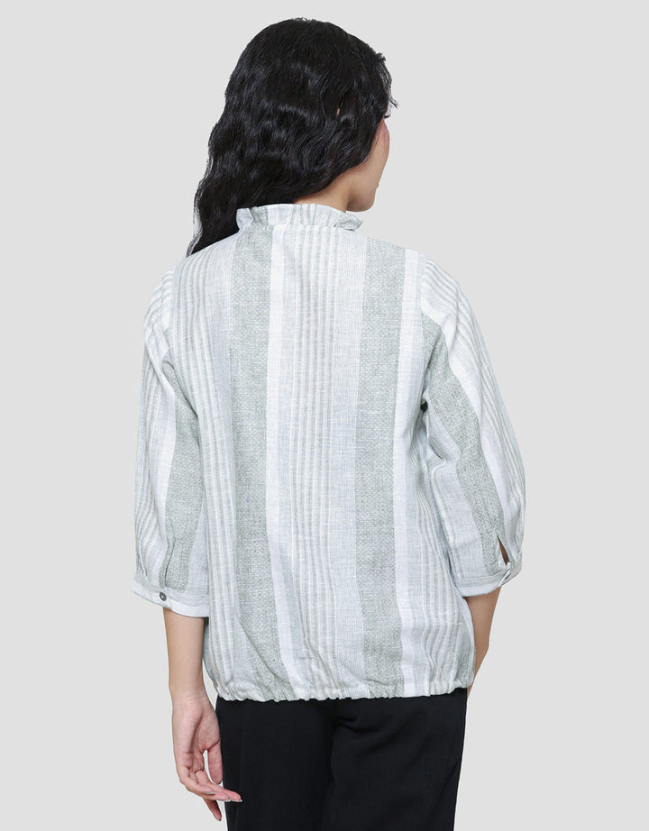 Triset Ladies Up Collar Stripe Blouse Wanita