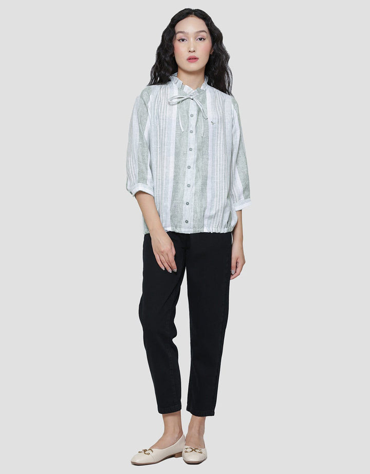 Triset Ladies Up Collar Stripe Blouse Wanita