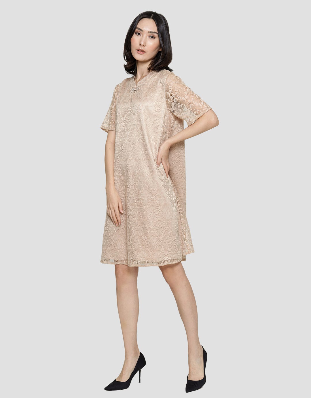 St. Yves Cheongsam Lace Shanghai Collar With Button Midi Dress Wanita