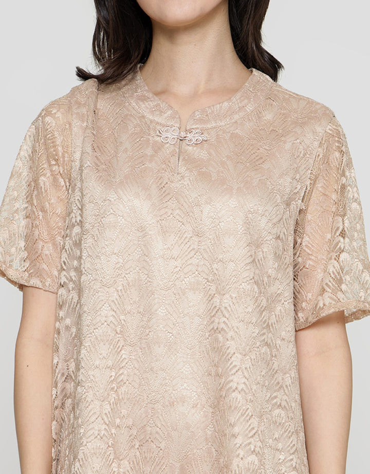 St. Yves Cheongsam Lace Shanghai Collar With Button Midi Dress Wanita