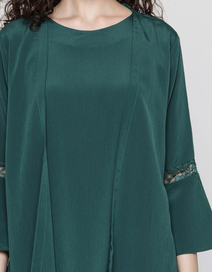St. Yves Long Sleeve Midi Dress 7/8 Lace Layer With Bead Neckline