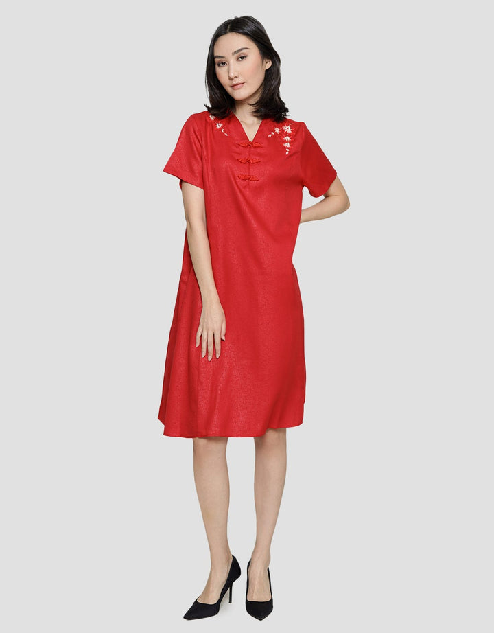 St. Yves Short Sleeve Midi Dress Cheongsam Embro 3 Button