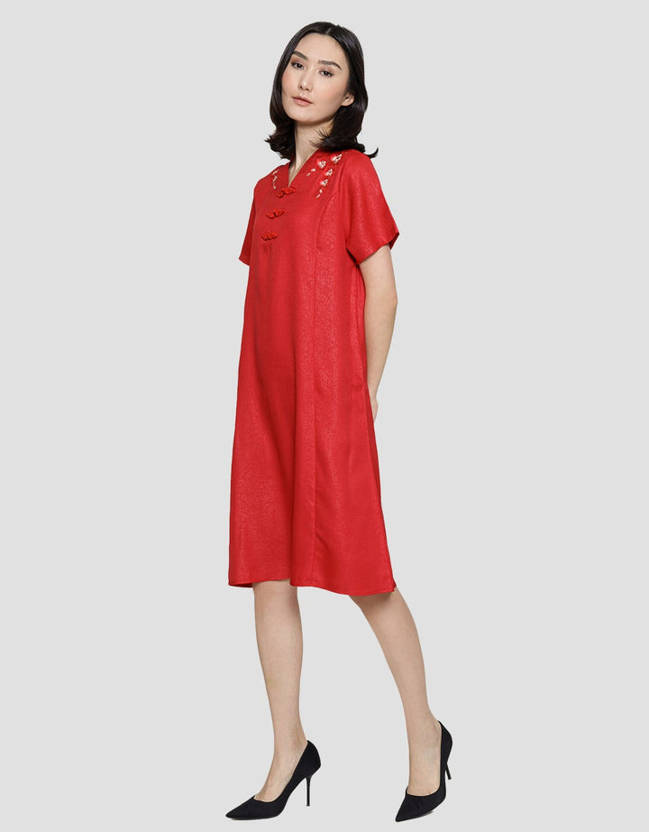 St. Yves Short Sleeve Midi Dress Cheongsam Embro 3 Button