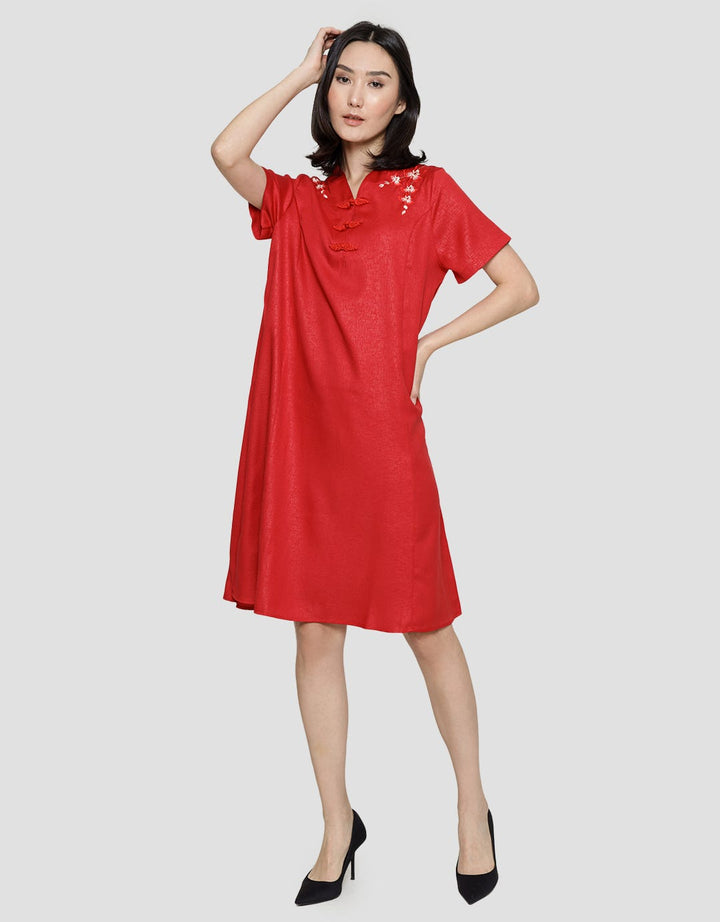 St. Yves Short Sleeve Midi Dress Cheongsam Embro 3 Button