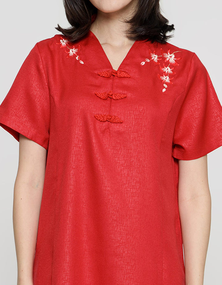 St. Yves Short Sleeve Midi Dress Cheongsam Embro 3 Button