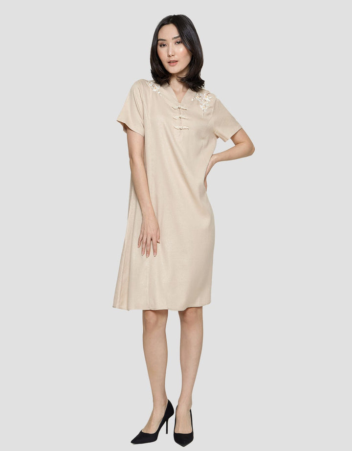 St. Yves Short Sleeve Midi Dress Cheongsam Embro 3 Button
