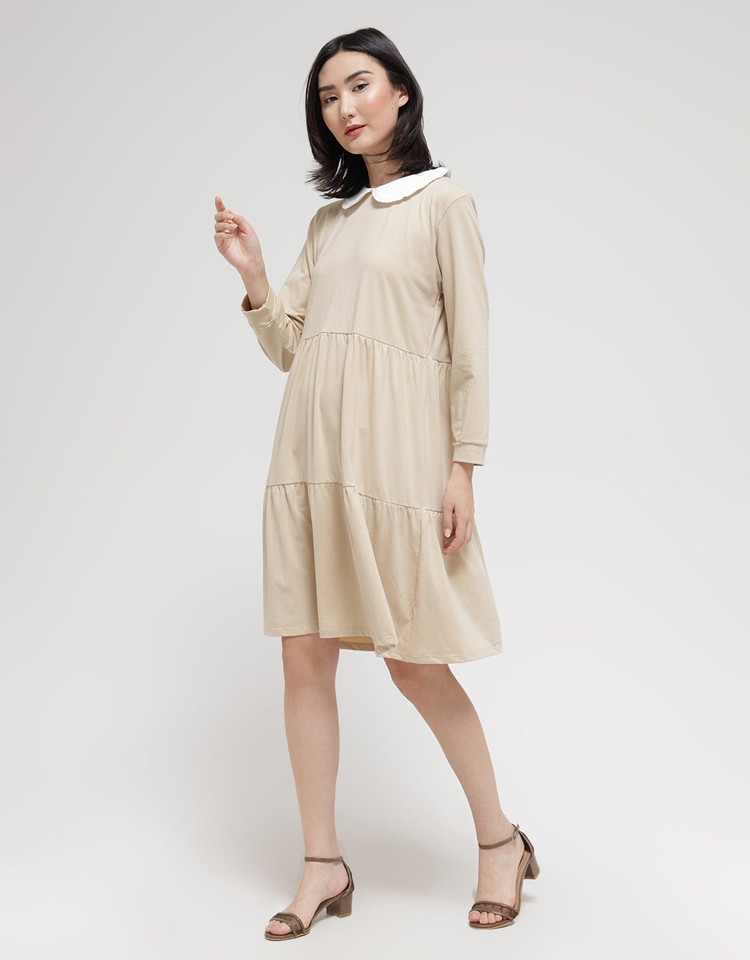 Details Long Sleeve Midi Dress Babydoll