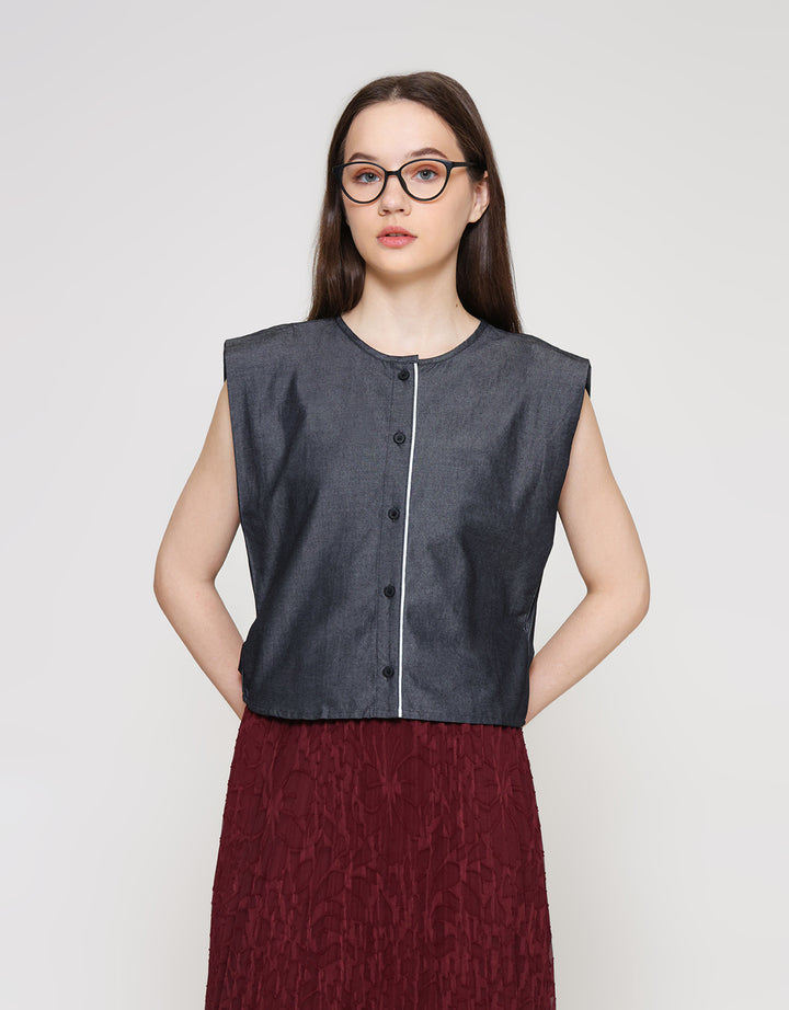 ZES Denim Look Sleeveless With Hidden Placket Blouse Wanita TSBWT016