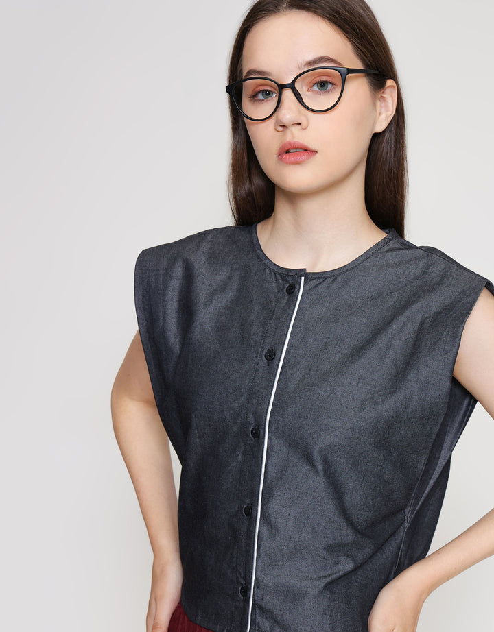 ZES Denim Look Sleeveless With Hidden Placket Blouse Wanita TSBWT016