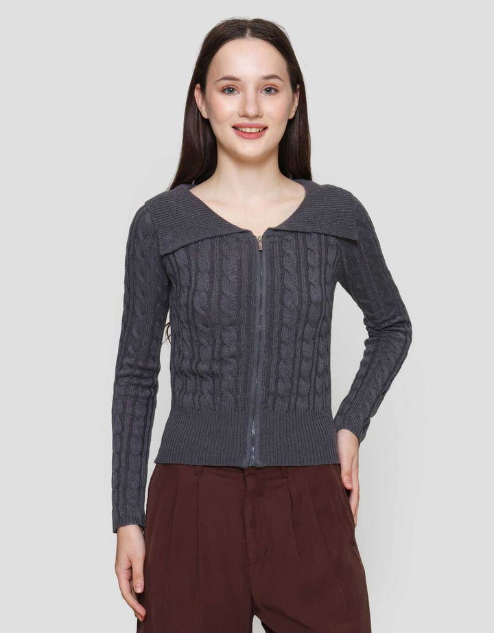 Nevada Crop Flat Knit Zipper Cable Jaket Wanita