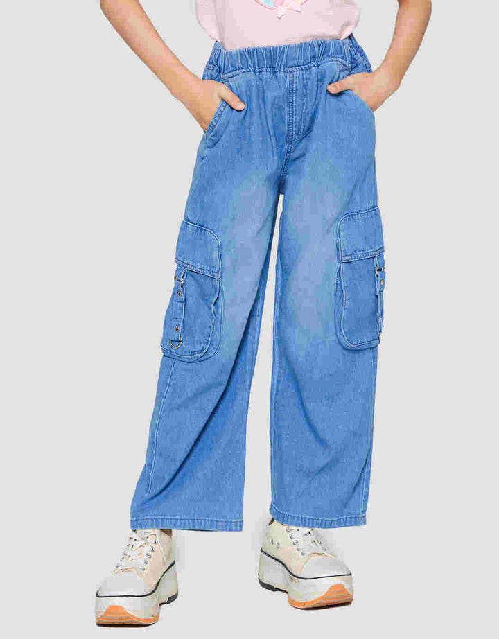 Nevada Denim Wideleg Kantong Kargo Tali Besi Celana Panjang Anak Perempuan