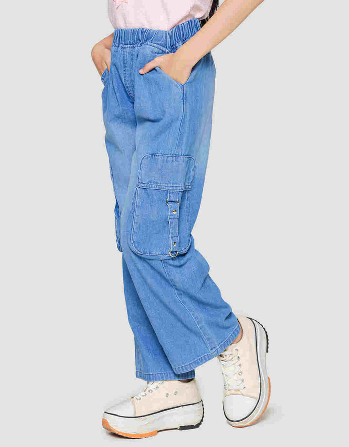Nevada Denim Wideleg Kantong Kargo Tali Besi Celana Panjang Anak Perempuan