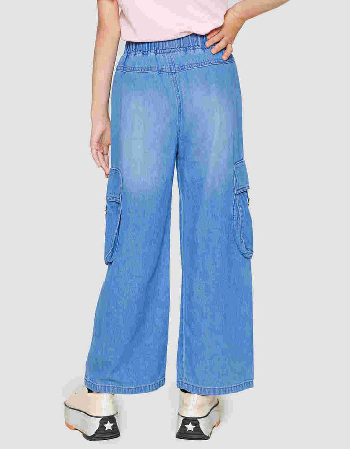 Nevada Denim Wideleg Kantong Kargo Tali Besi Celana Panjang Anak Perempuan