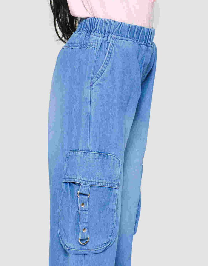Nevada Denim Wideleg Kantong Kargo Tali Besi Celana Panjang Anak Perempuan