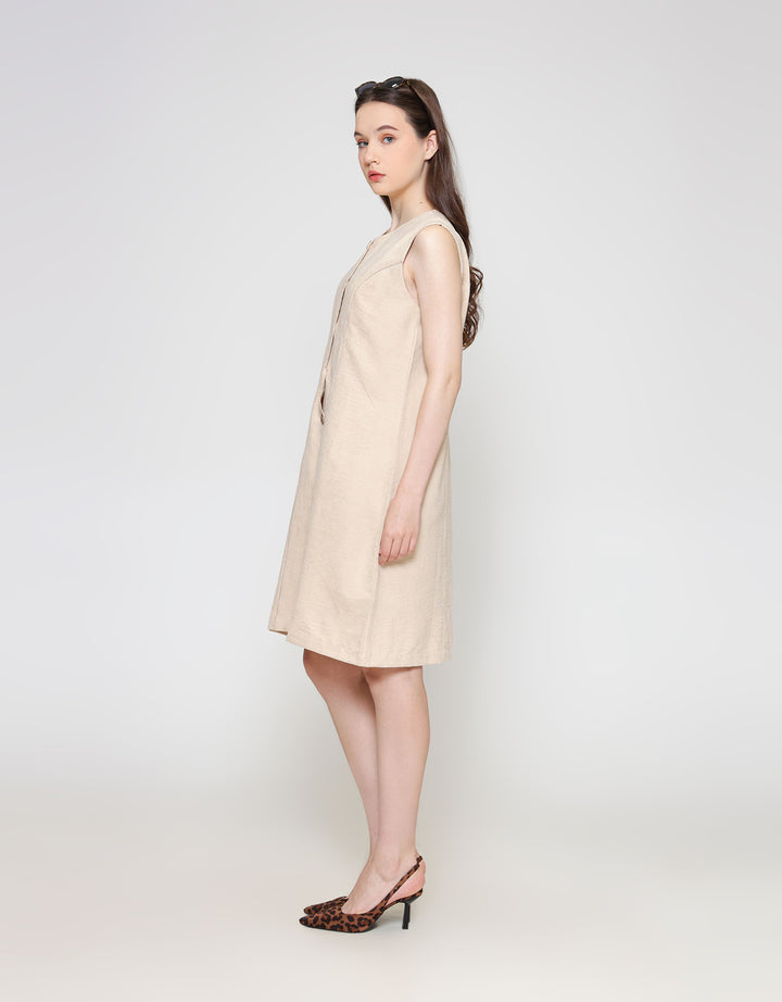 ZES Contrast Stitch Sleeveless Midi Dress Wanita NIFDD001