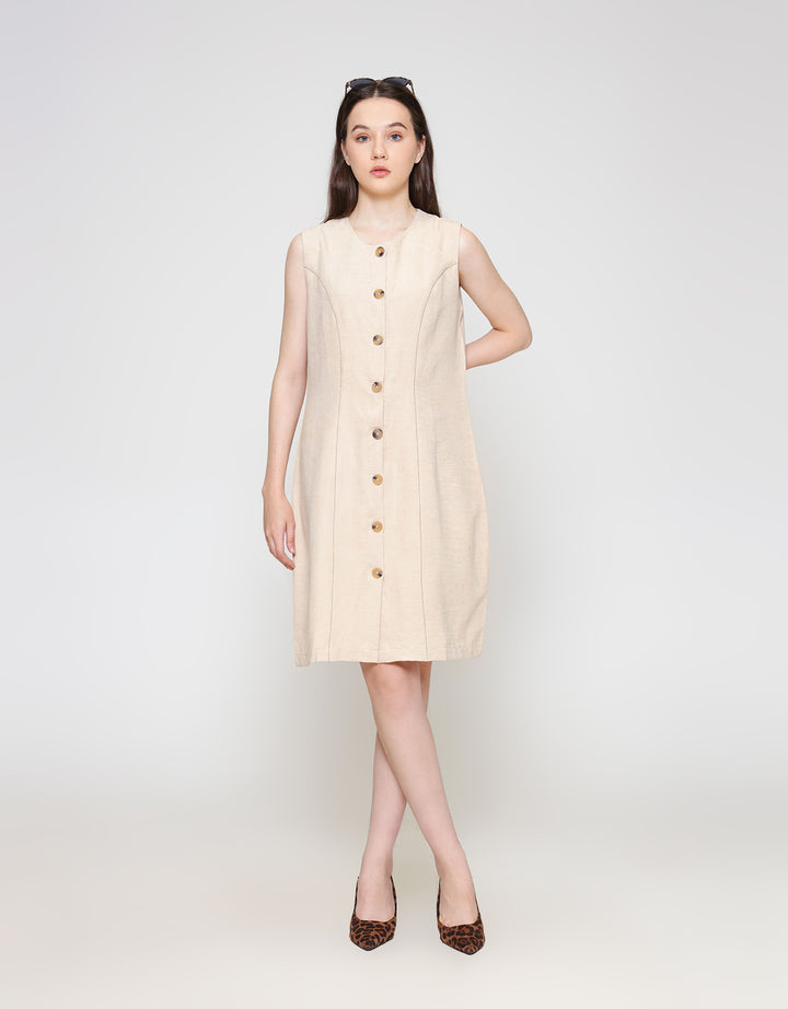 ZES Contrast Stitch Sleeveless Midi Dress Wanita NIFDD001