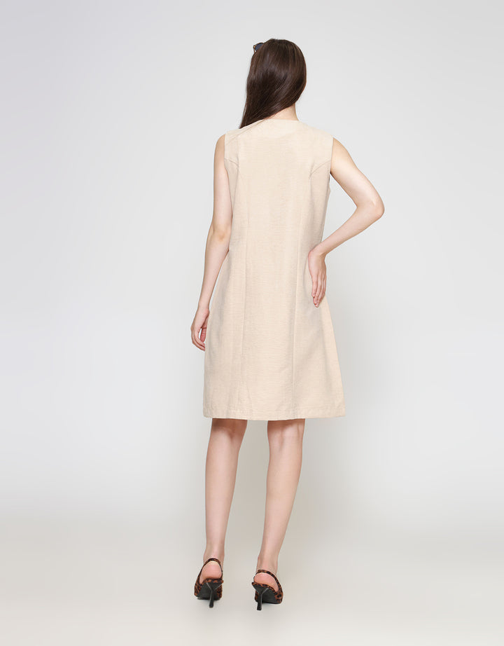 ZES Contrast Stitch Sleeveless Midi Dress Wanita NIFDD001
