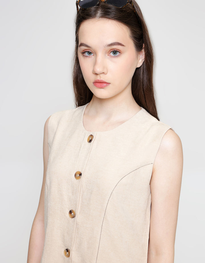 ZES Contrast Stitch Sleeveless Midi Dress Wanita NIFDD001
