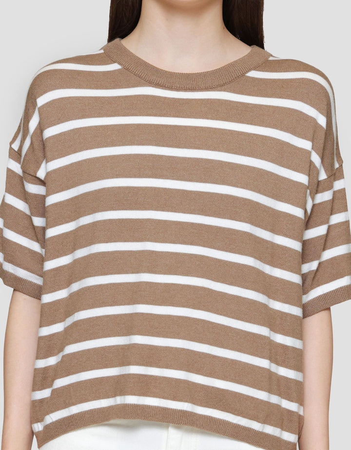 St. Yves Soft Touch Stripes Boxy Knitted Kaos Lengan Pendek Wanita