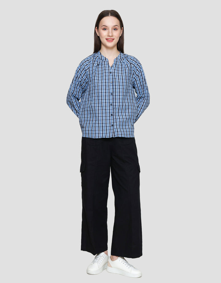Connexion Kerah Hai Checkered Print Kemeja Wanita