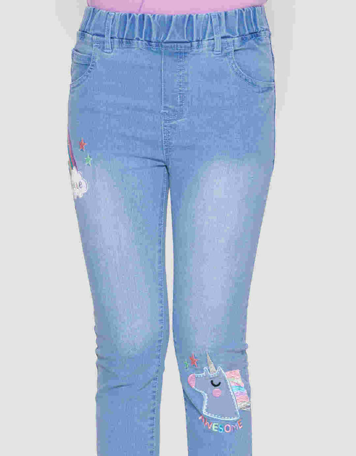 Little M Embroidered Unicorn Tassle Appliques Girls Denim Jeggings