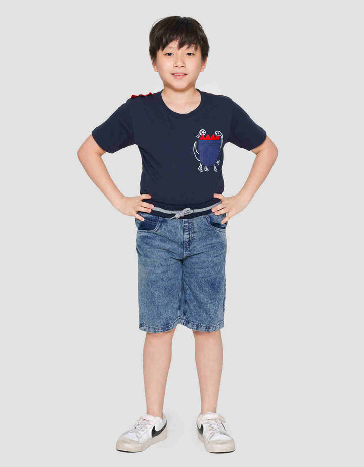 Little M Denim Crop Rib Dino Splash Celana Pendek Anak Laki-Laki