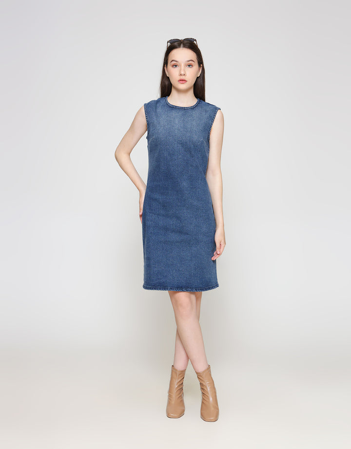 ZES Basic Mini Denim Midi Dress Wanita BLDR002