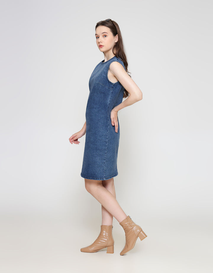 ZES Basic Mini Denim Midi Dress Wanita BLDR002