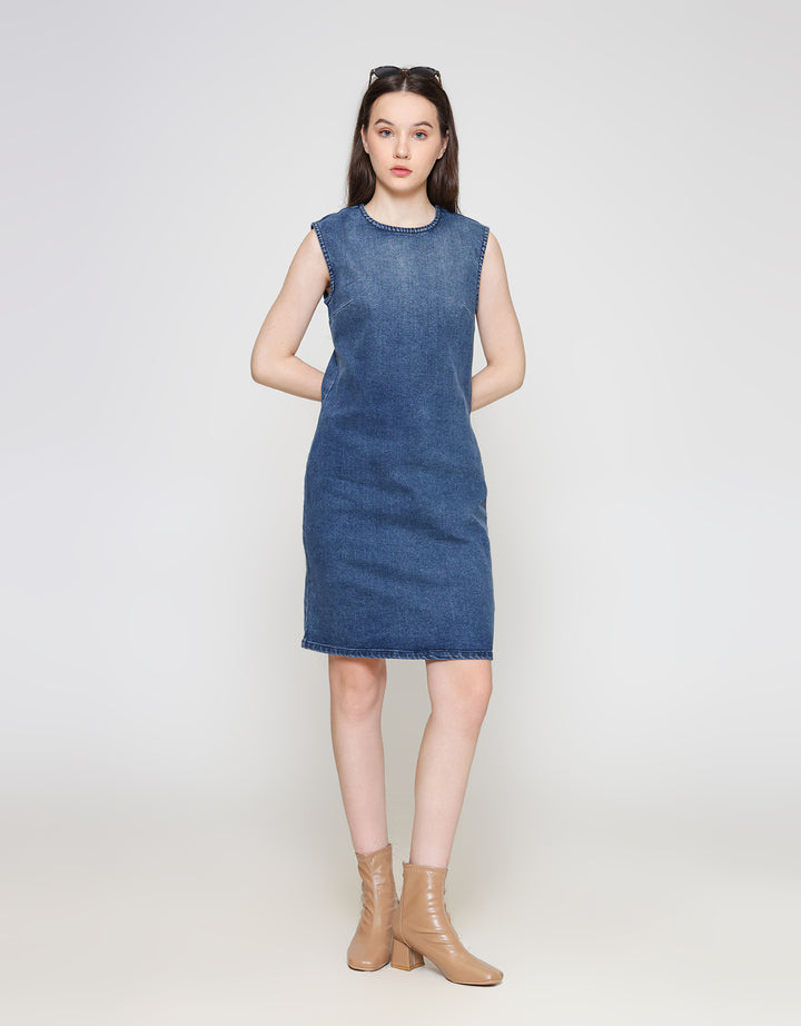 ZES Basic Mini Denim Midi Dress Wanita BLDR002