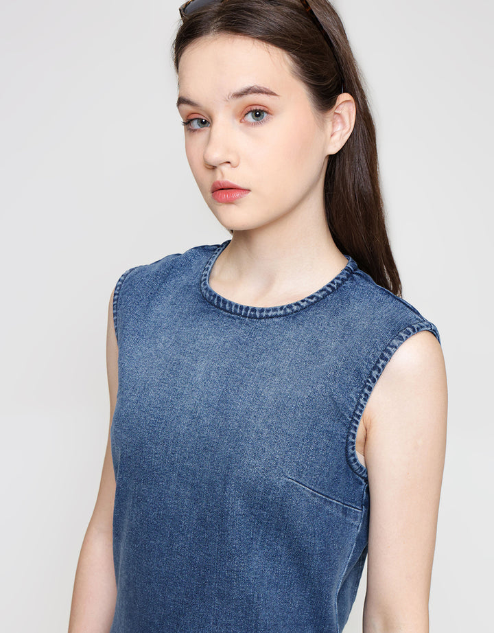 ZES Basic Mini Denim Midi Dress Wanita BLDR002