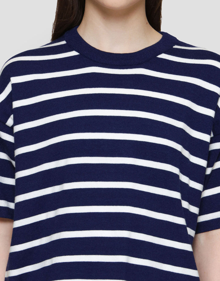 St. Yves Soft Touch Stripes Boxy Knitted Kaos Lengan Pendek Wanita