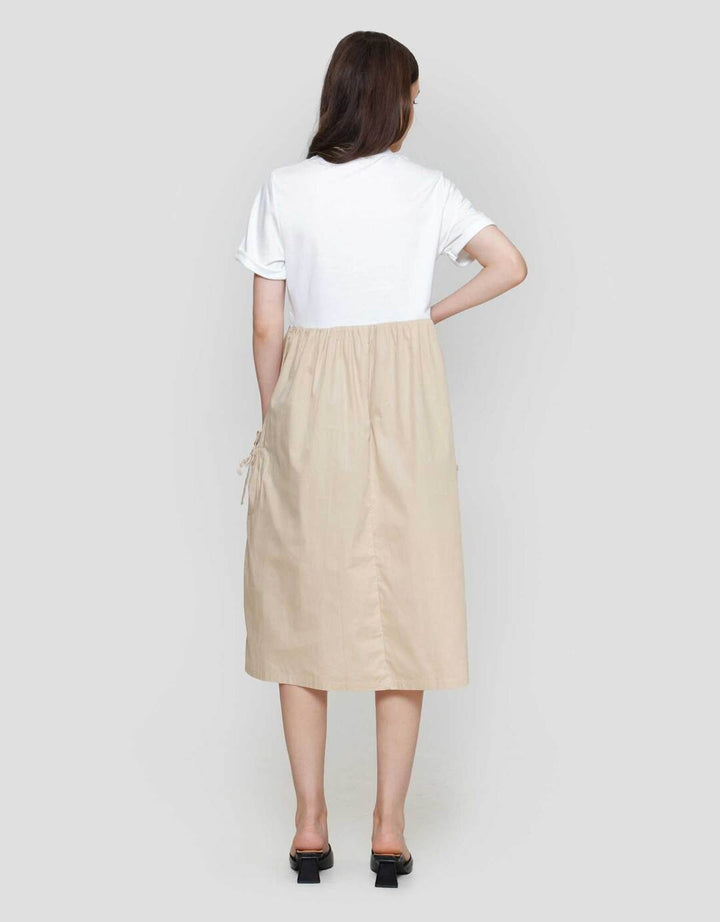 Nevada Woven Combination Knit Midi Dress Wanita
