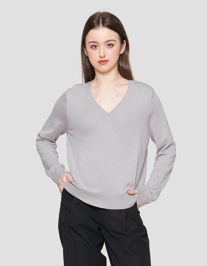 Connexion Vneck Plain Knit Women's Long Sleeve T-shirt