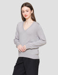 Connexion Vneck Plain Knit Women's Long Sleeve T-shirt