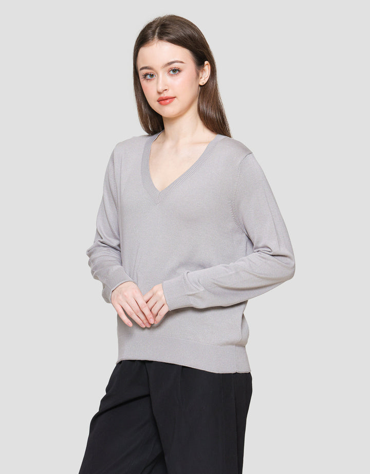 Connexion Vneck Plain Knit Women's Long Sleeve T-shirt