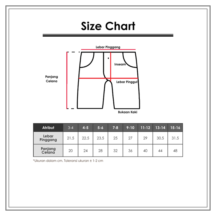 Size Chart_Disney_Anak Perempuan_Bawahan Anak Perempuan_Celana Pendek