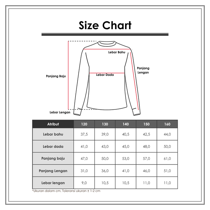 Size Chart_SUKO_Outerwear Anak Perempuan_T-Shirt
 Lengan Panjang