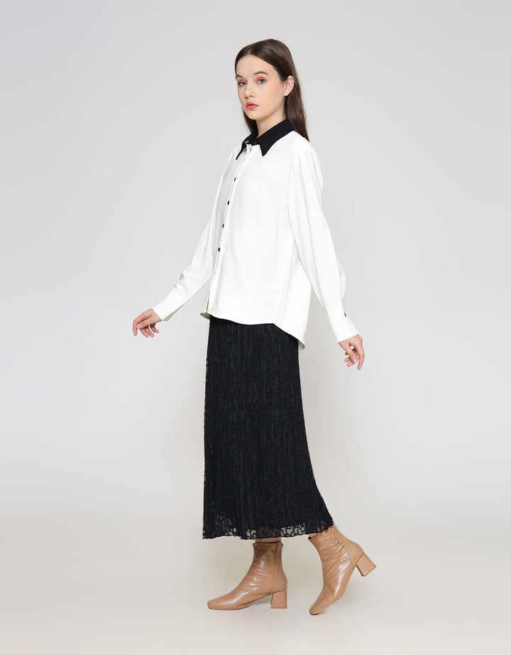 ZES Contrast Collar Kemeja Lengan Panjang Wanita NIFWT007