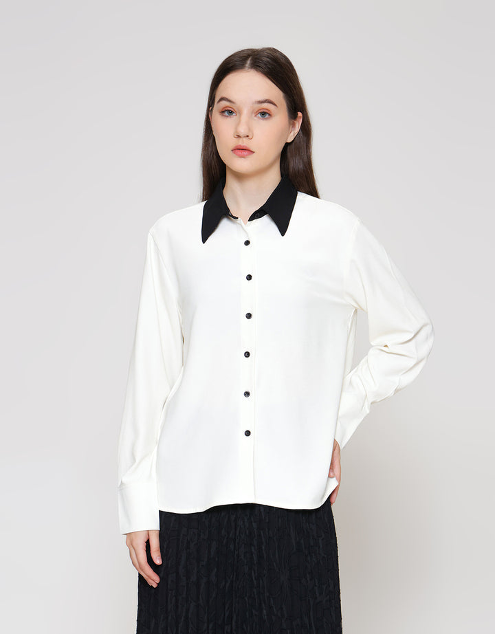 ZES Contrast Collar Kemeja Lengan Panjang Wanita NIFWT007