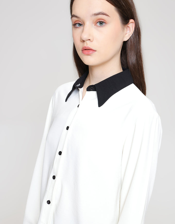 ZES Contrast Collar Kemeja Lengan Panjang Wanita NIFWT007